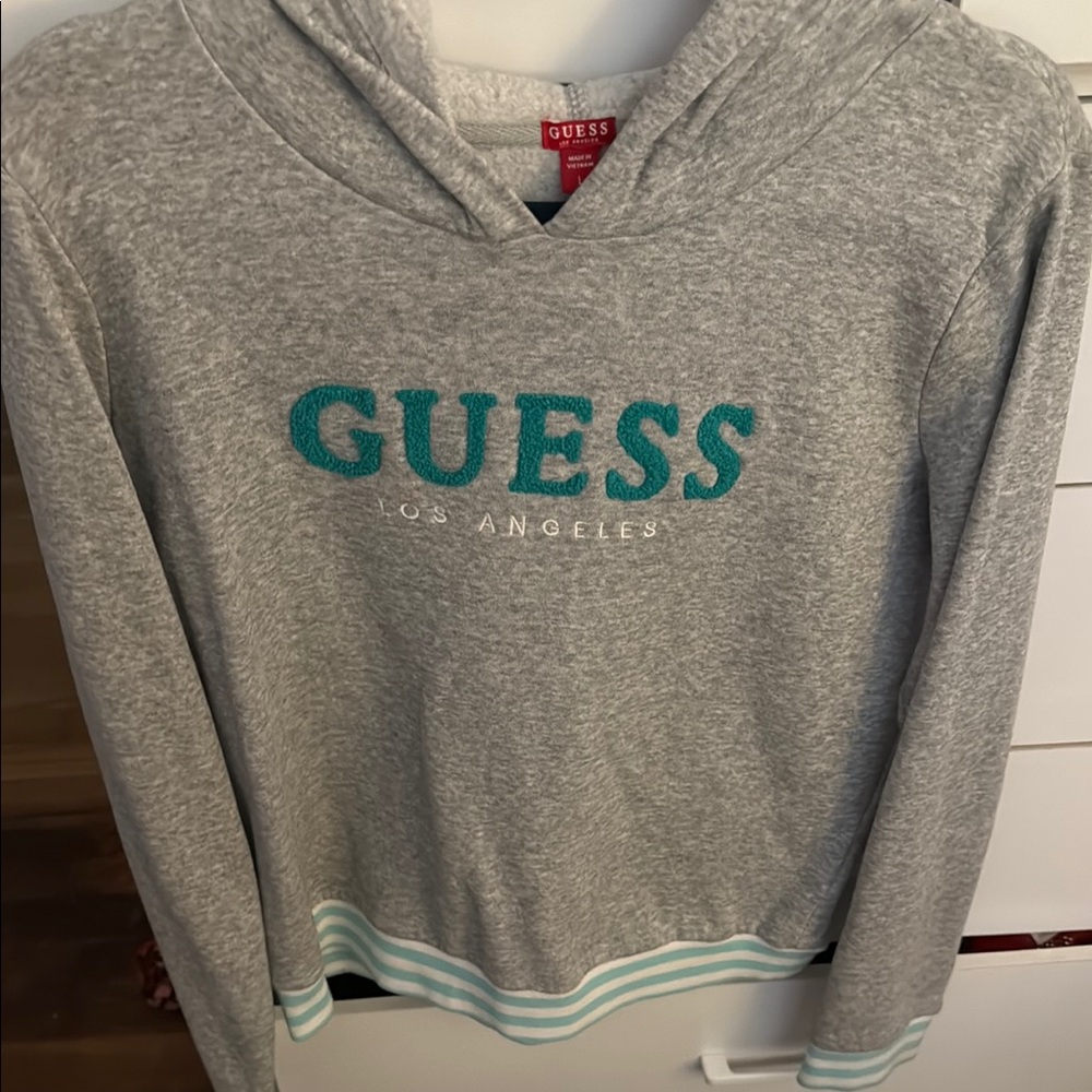 Guess Heather Gray Hoodie with Teal Accents